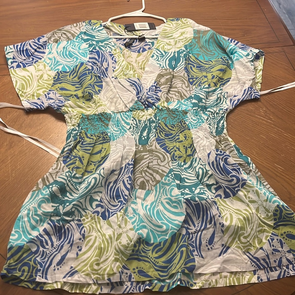 NWT vintage y2k 2004 cotton babydoll deep V tunic swim cover  tropical print XL